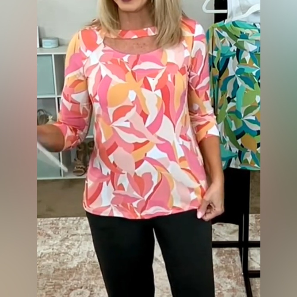 Susan Graver 1X Hot Melon Printed Liquid Knit 3/4 Sleeve Blouse w/ Cutout Detail